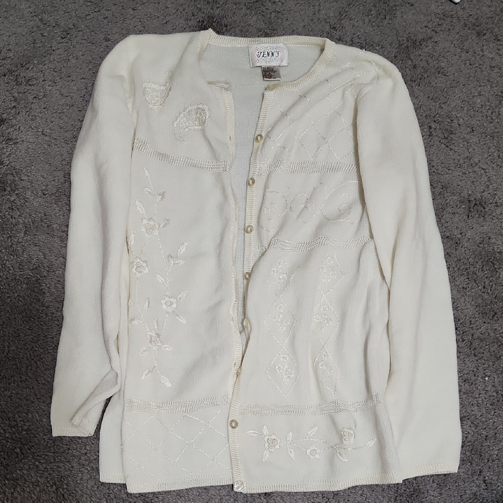 White Embroidered Floral Cardigan Sweater | Size S